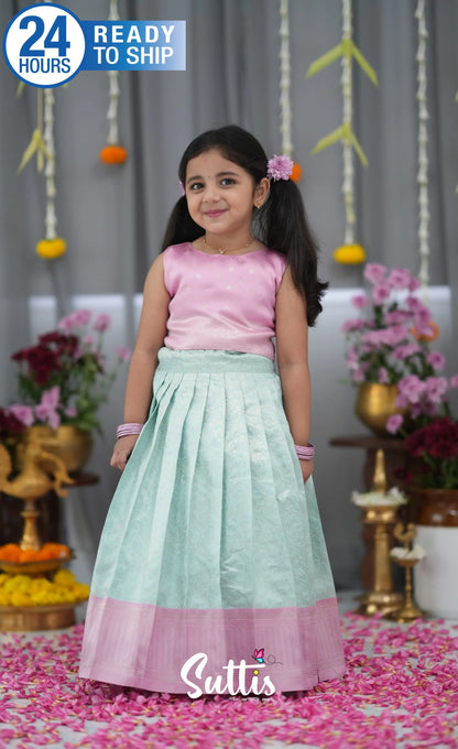 Blended Silk Croptop &amp; Skirt Sky Blue and Baby Pink Kids Suttis