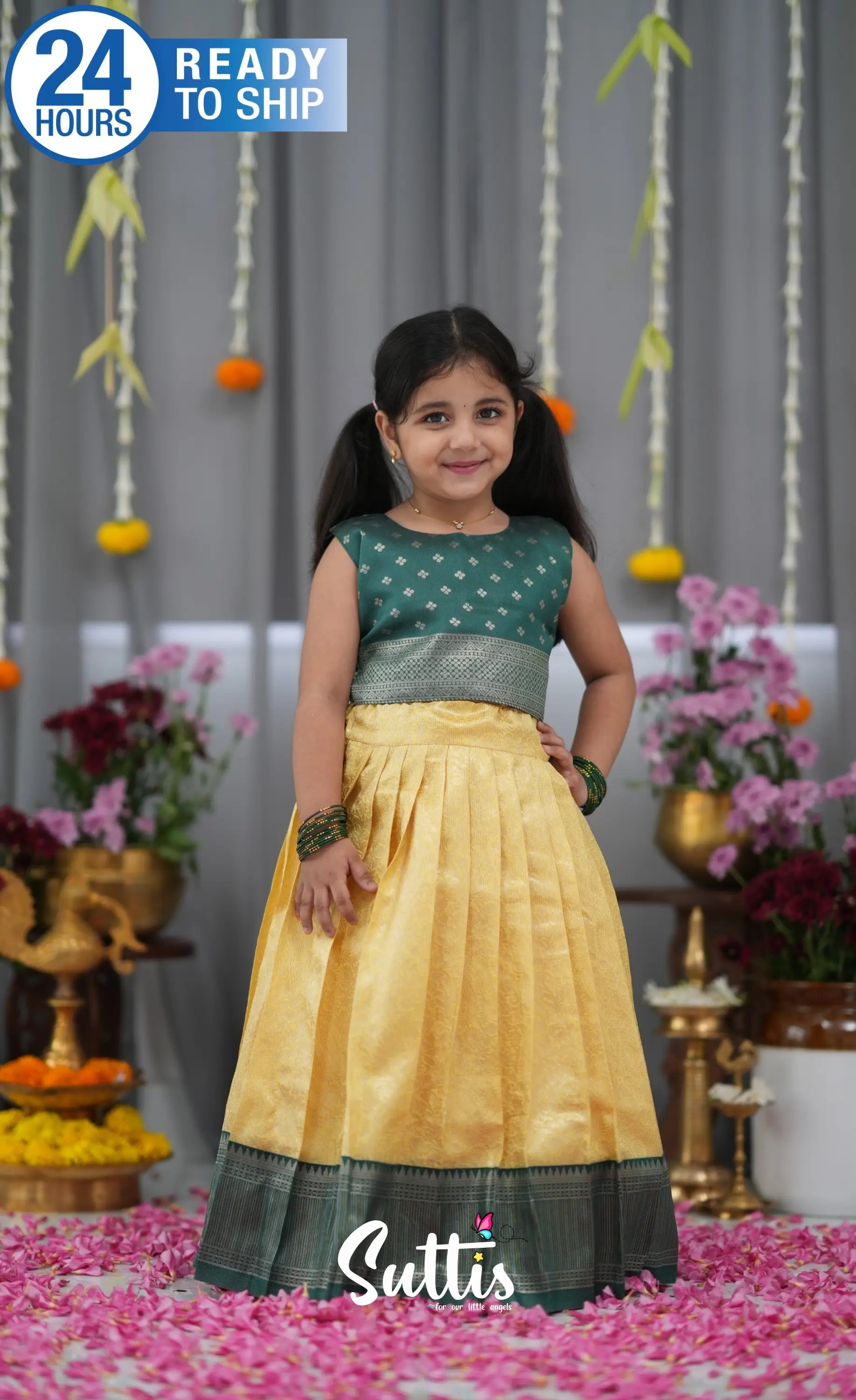 Blended Silk Croptop &amp; Skirt Yellow and Bottle Green Kids Suttis
