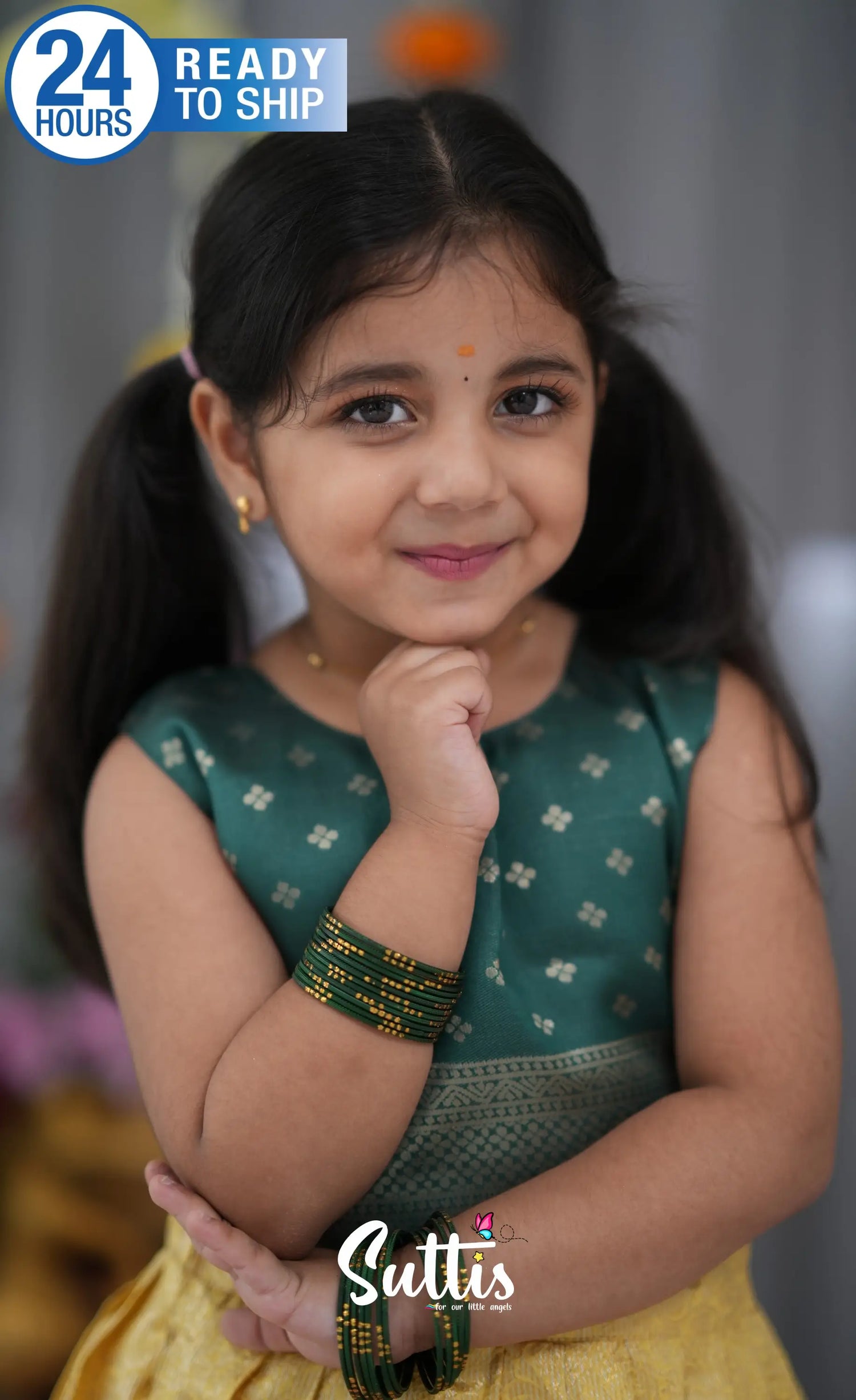 Blended Silk Croptop &amp; Skirt Yellow and Bottle Green Kids Suttis