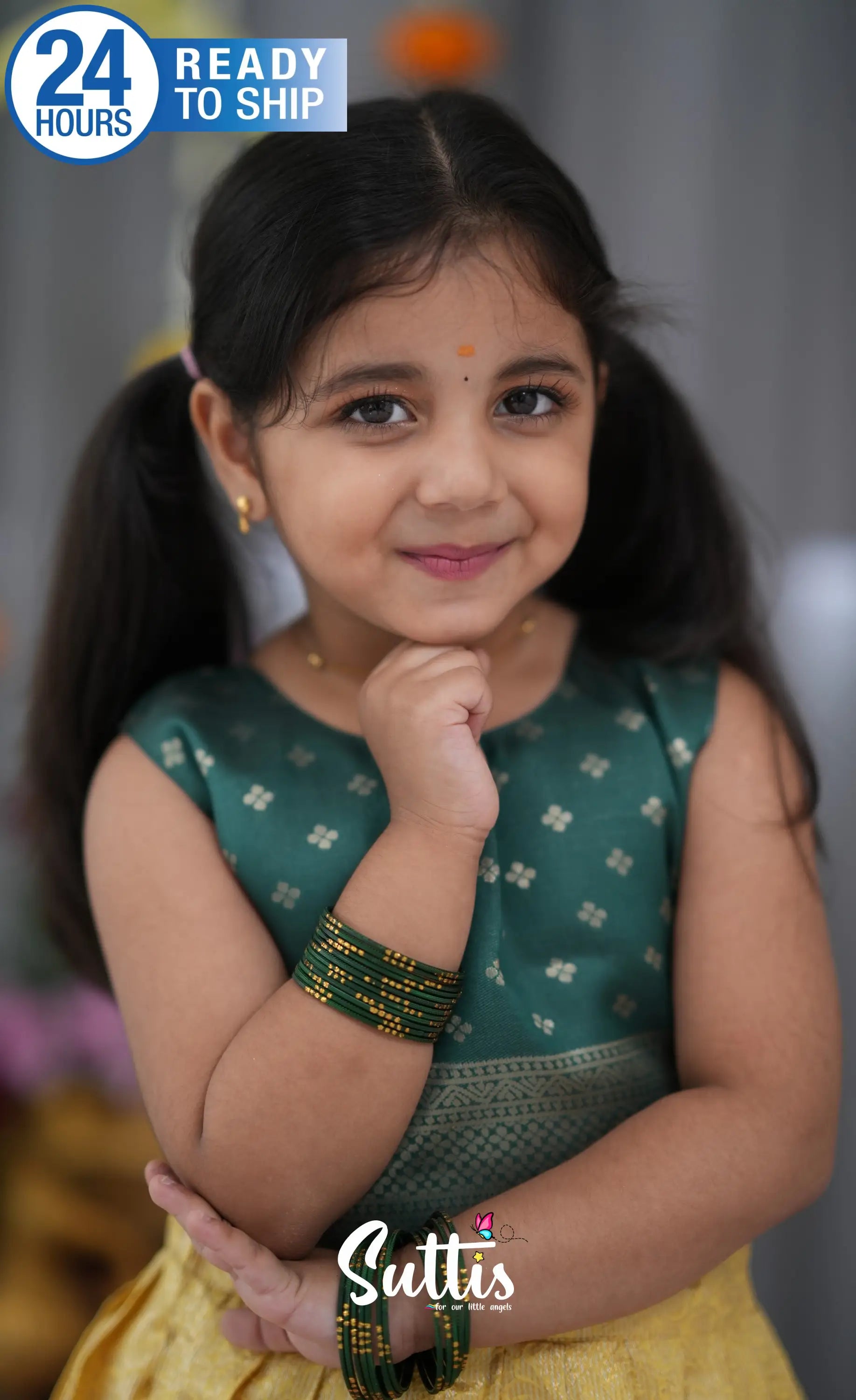 Blended Silk Croptop &amp; Skirt Yellow and Bottle Green Kids Suttis