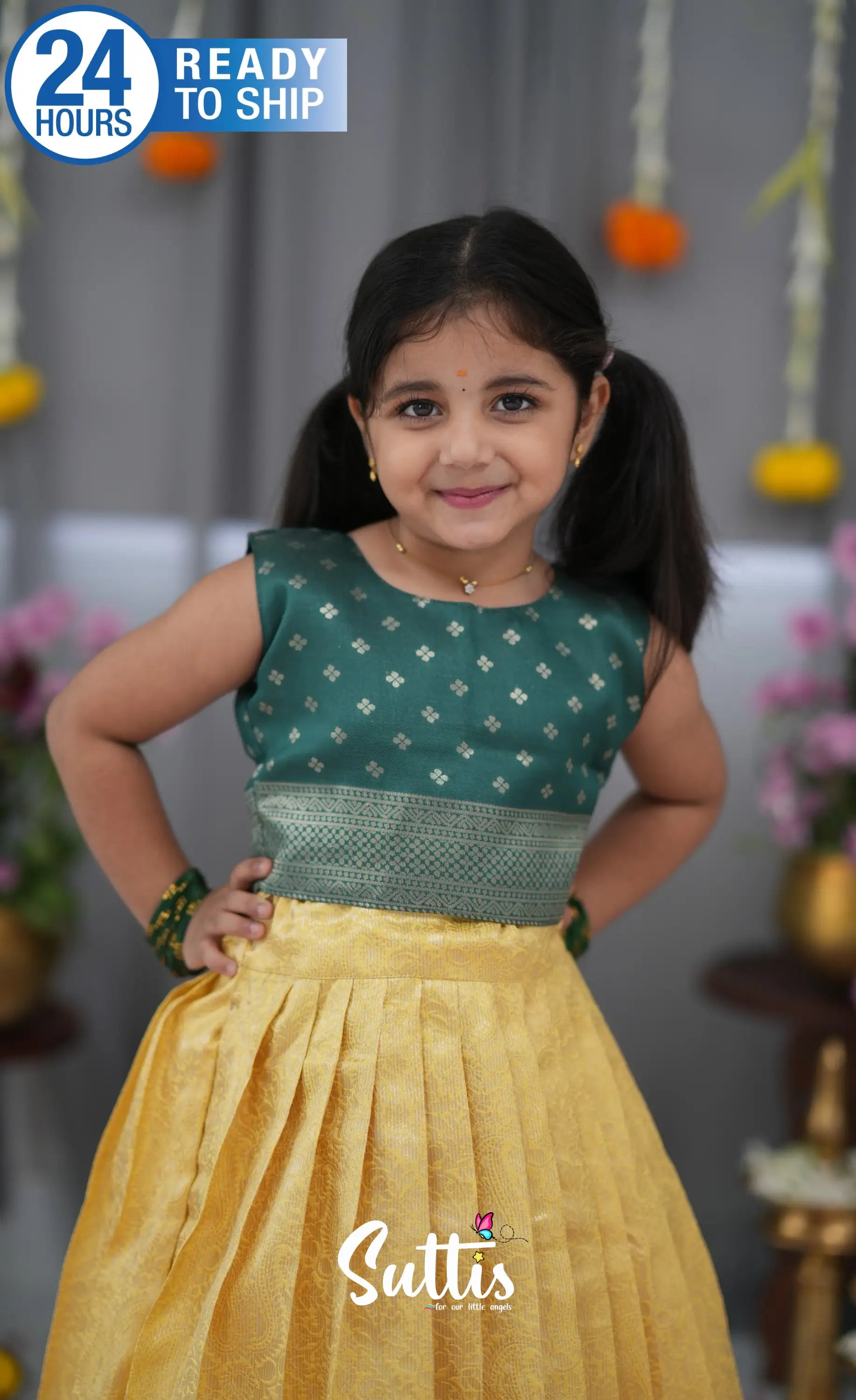 Blended Silk Croptop &amp; Skirt Yellow and Bottle Green Kids Suttis
