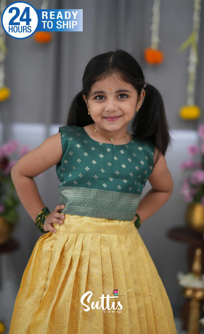 Blended Silk Croptop &amp; Skirt Yellow and Bottle Green Kids Suttis
