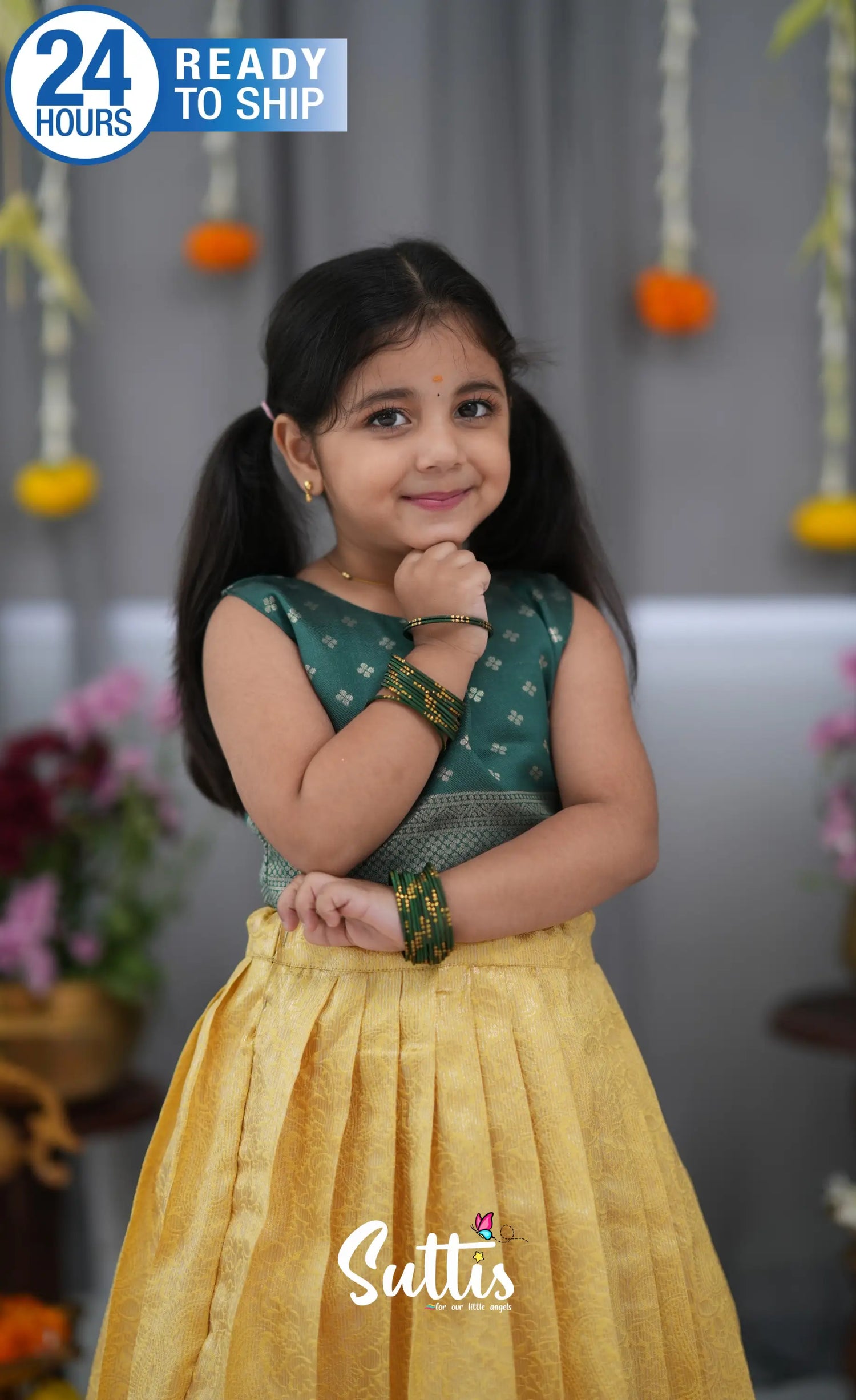 Blended Silk Croptop &amp; Skirt Yellow and Bottle Green Kids Suttis