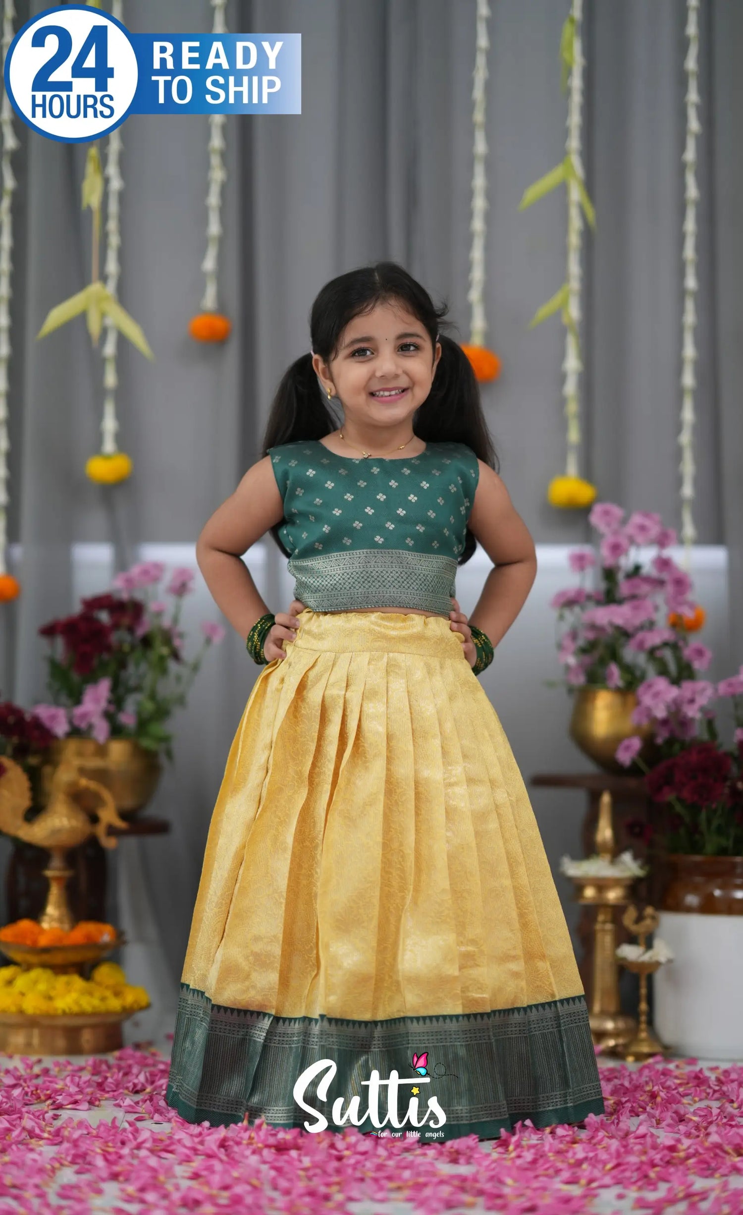 Blended Silk Croptop &amp; Skirt Yellow and Bottle Green Kids Suttis