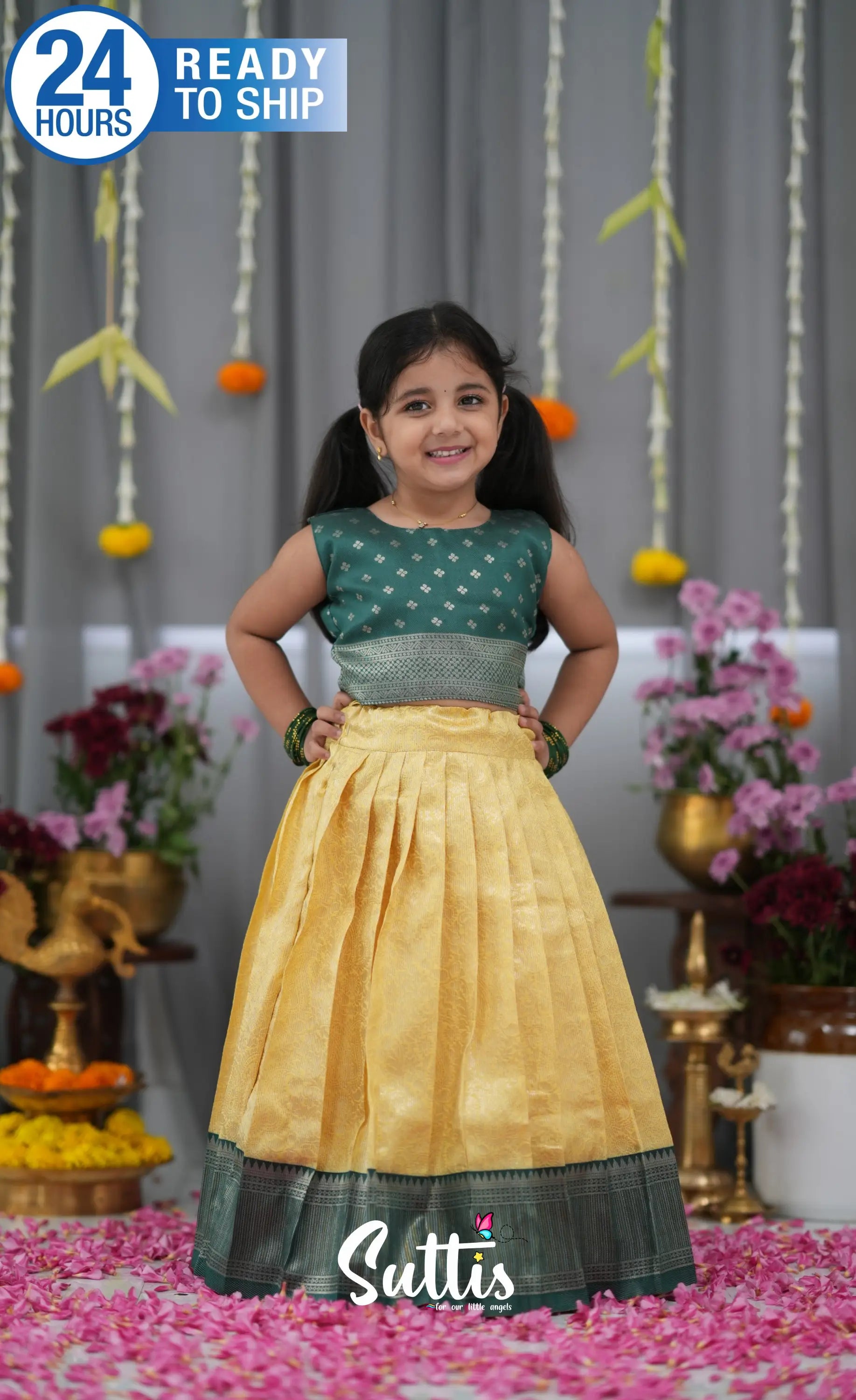 Blended Silk Croptop &amp; Skirt Yellow and Bottle Green Kids Suttis