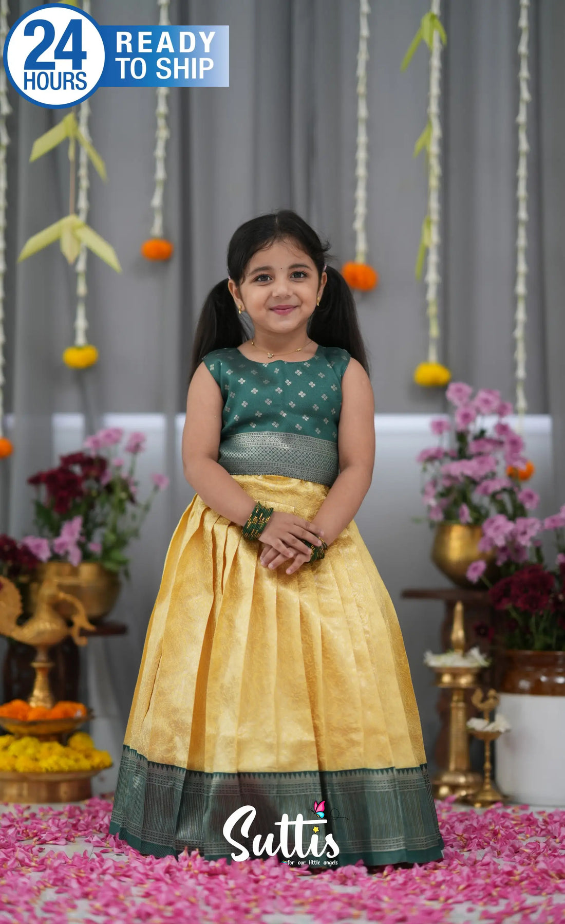 Blended Silk Croptop & Skirt Yellow and Bottle Green Kids Suttis