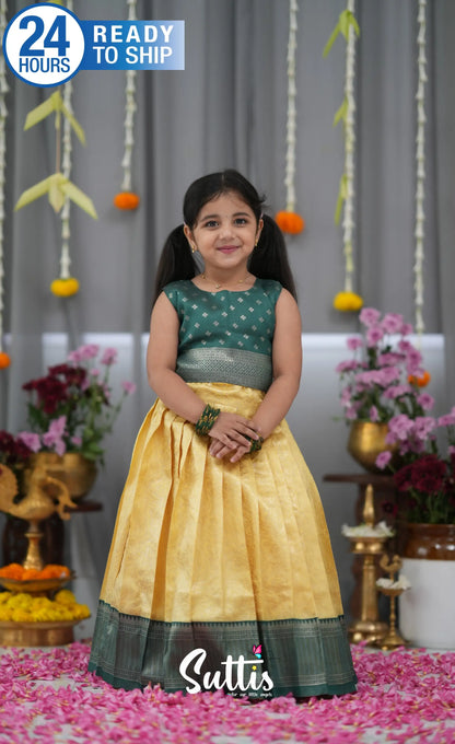 Blended Silk Croptop &amp; Skirt Yellow and Bottle Green Kids Suttis