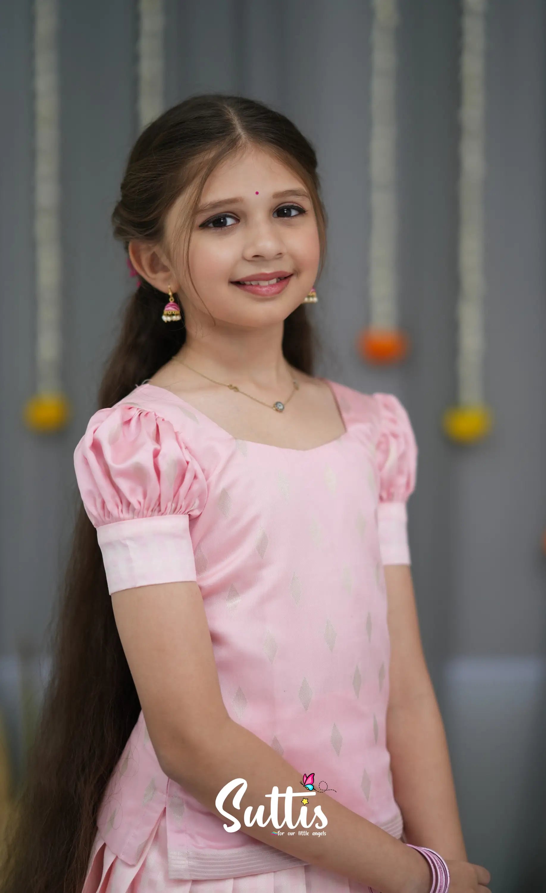 Blended Silk Pavadai Sattai - Baby Pink and White Kids-Suttis