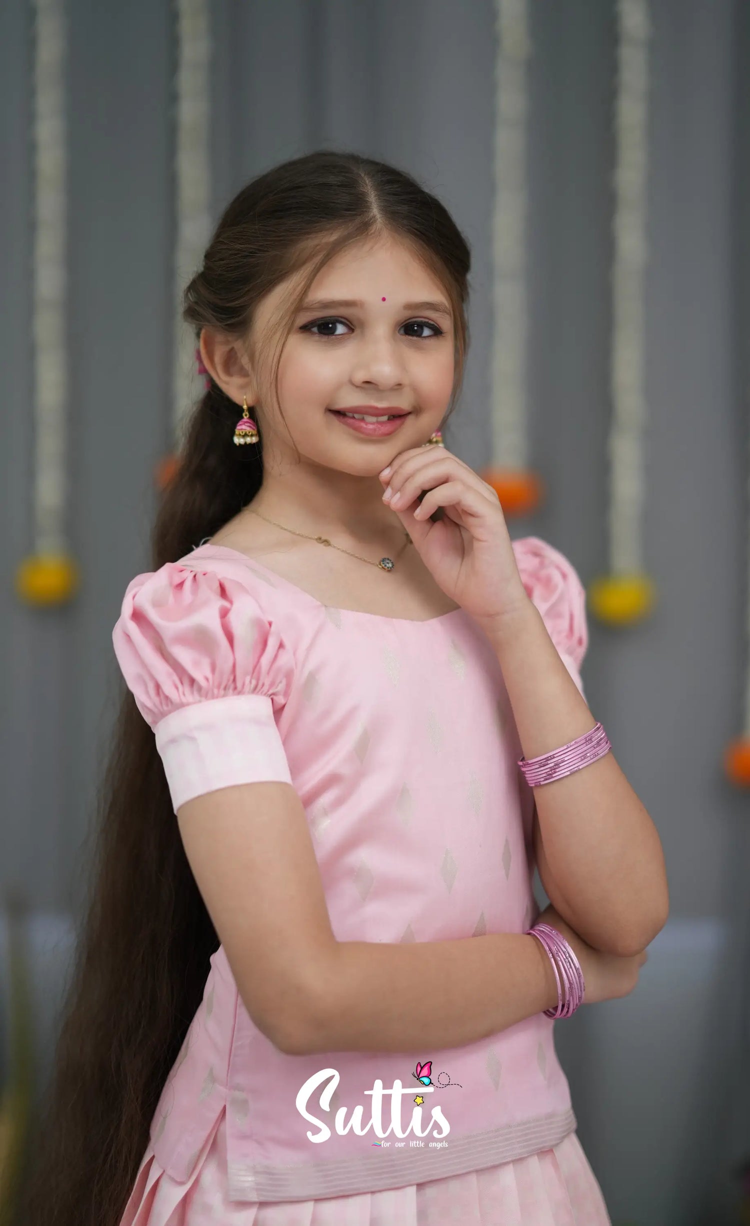 Blended Silk Pavadai Sattai - Baby Pink and White Kids-Suttis