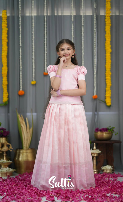 Blended Silk Pavadai Sattai - Baby Pink and White Kids-Suttis