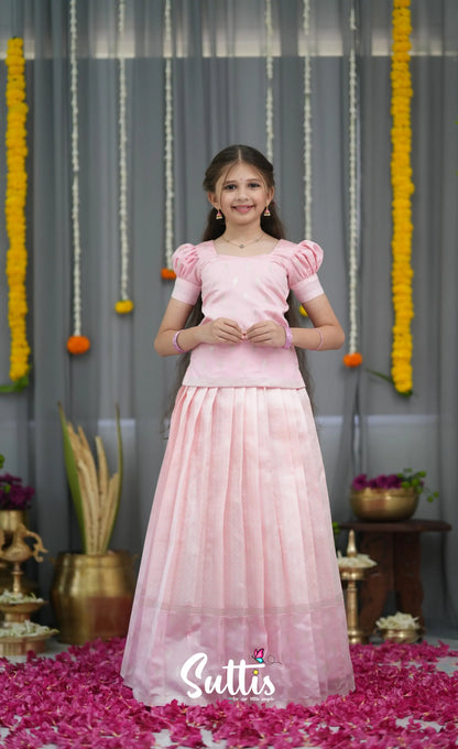 Blended Silk Pavadai Sattai - Baby Pink and White Kids-Suttis