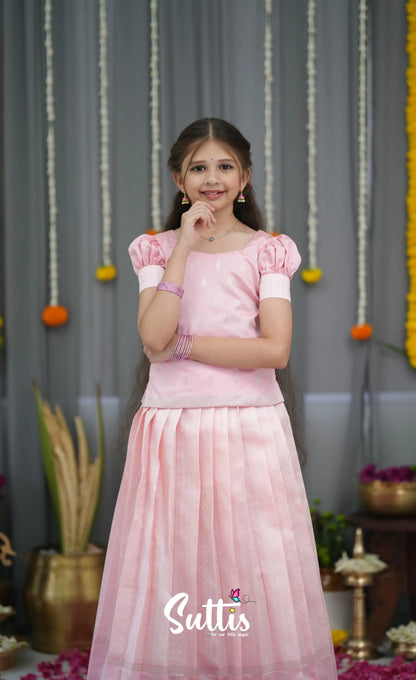 Blended Silk Pavadai Sattai - Baby Pink and White Kids-Suttis