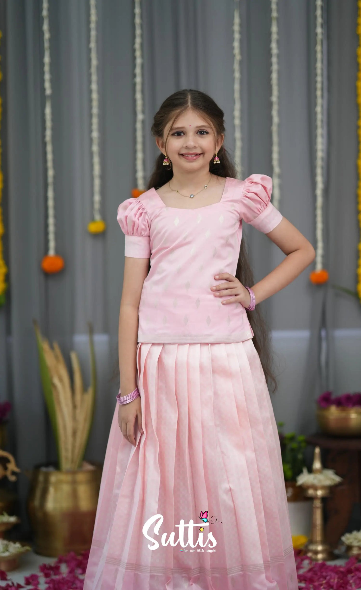 Blended Silk Pavadai Sattai - Baby Pink and White Kids-Suttis