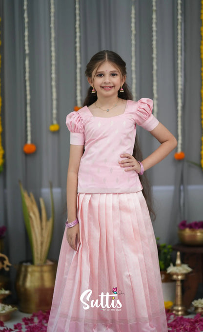 Blended Silk Pavadai Sattai - Baby Pink and White Kids-Suttis