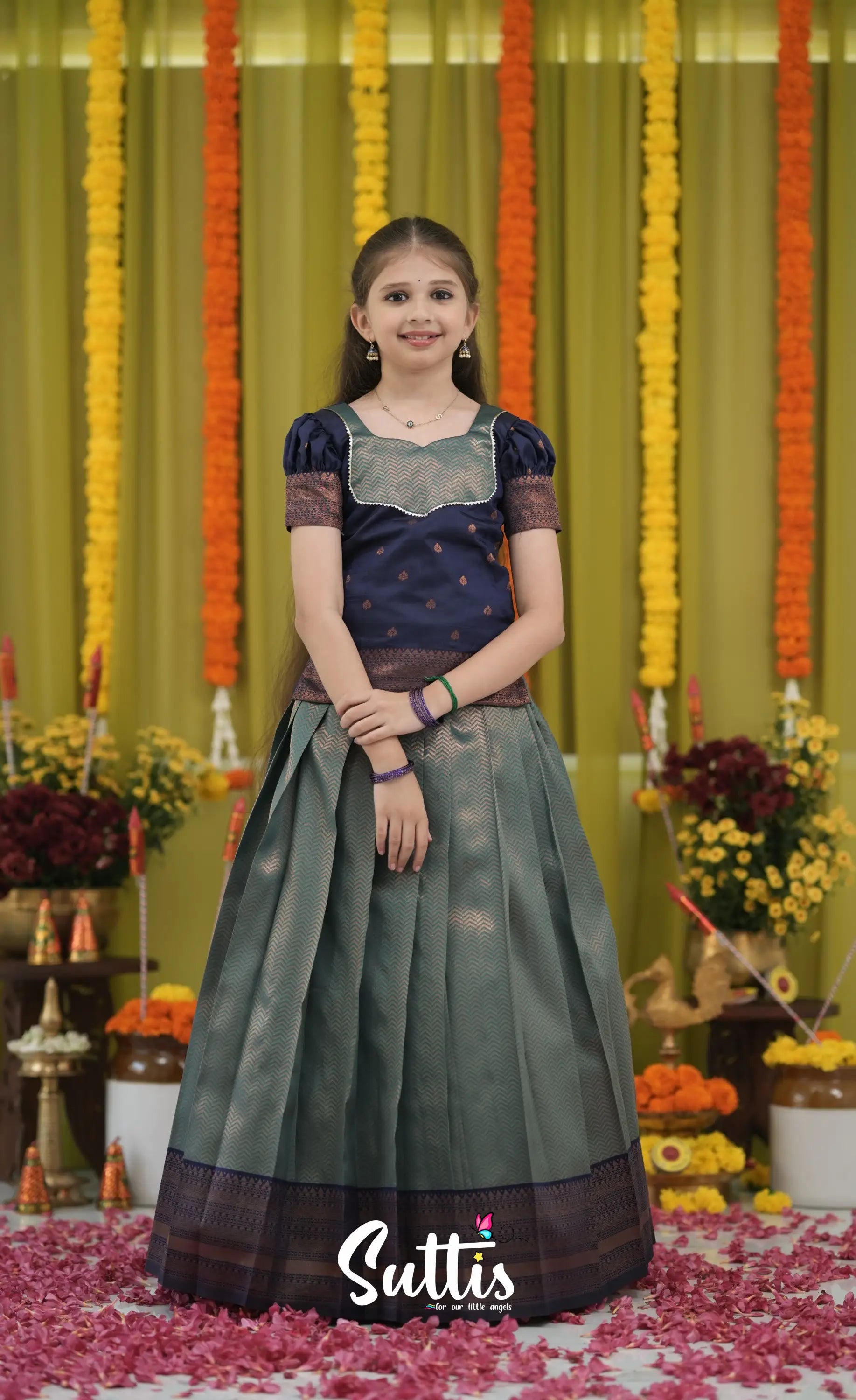Blended Silk Pavadai Sattai - Blue and Navy Blue Kids-Suttis