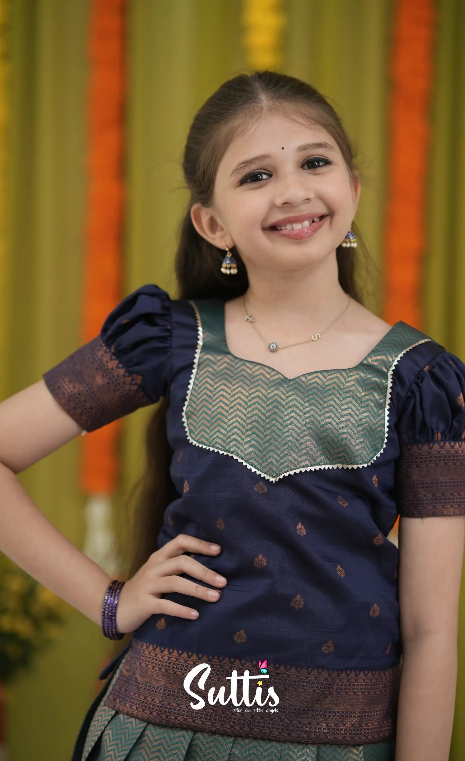 Blended Silk Pavadai Sattai - Blue and Navy Blue Kids-Suttis