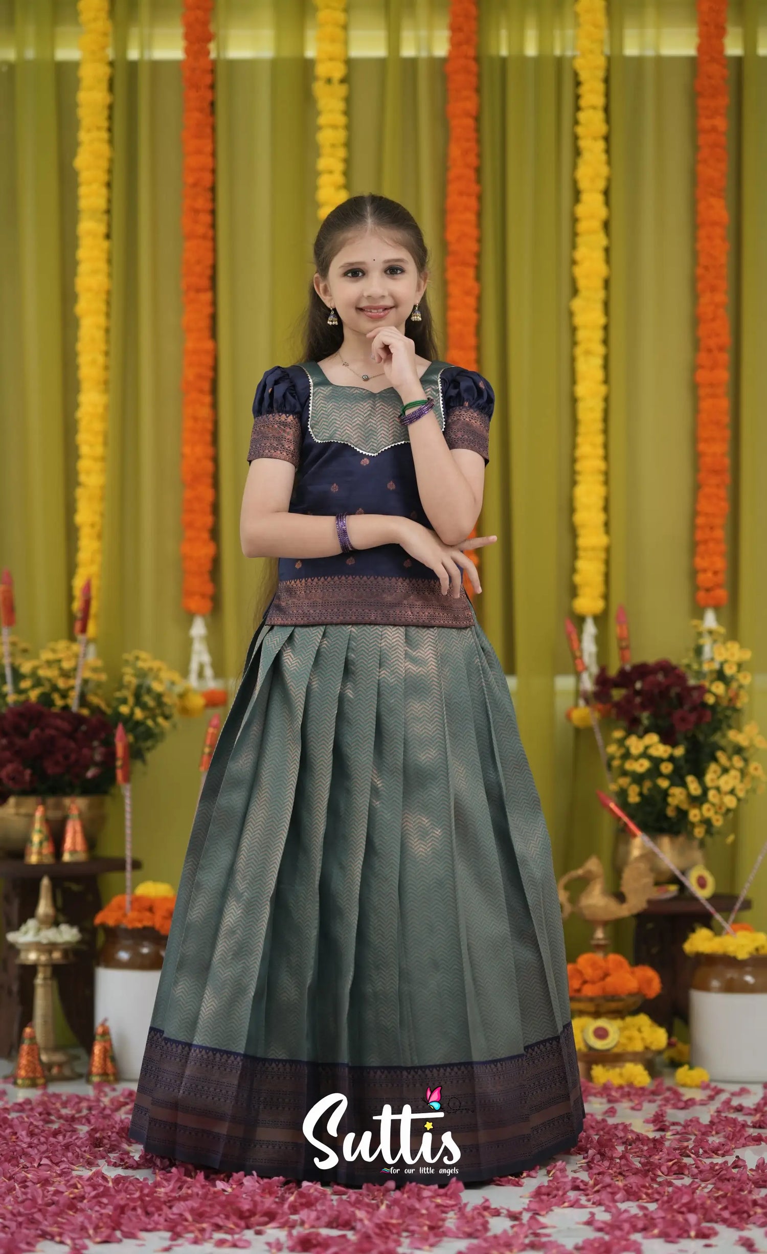 Blended Silk Pavadai Sattai - Blue and Navy Blue Kids-Suttis