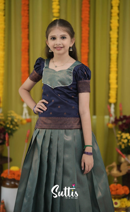 Blended Silk Pavadai Sattai - Blue and Navy Blue Kids-Suttis