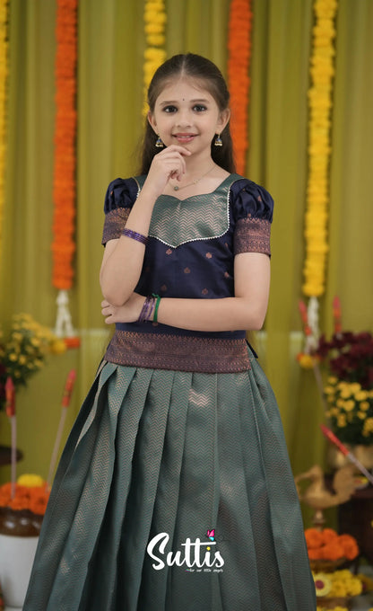 Blended Silk Pavadai Sattai - Blue and Navy Blue Kids-Suttis