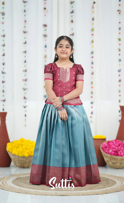 Blended Silk Pavadai Sattai Blue and Red Kids Suttis