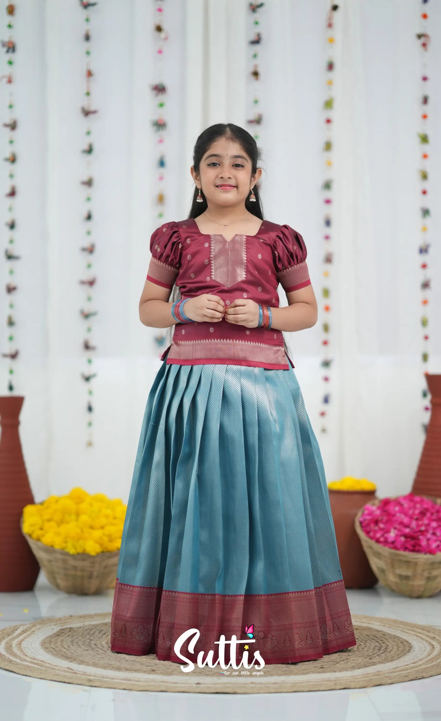 Blended Silk Pavadai Sattai Blue and Red Kids Suttis
