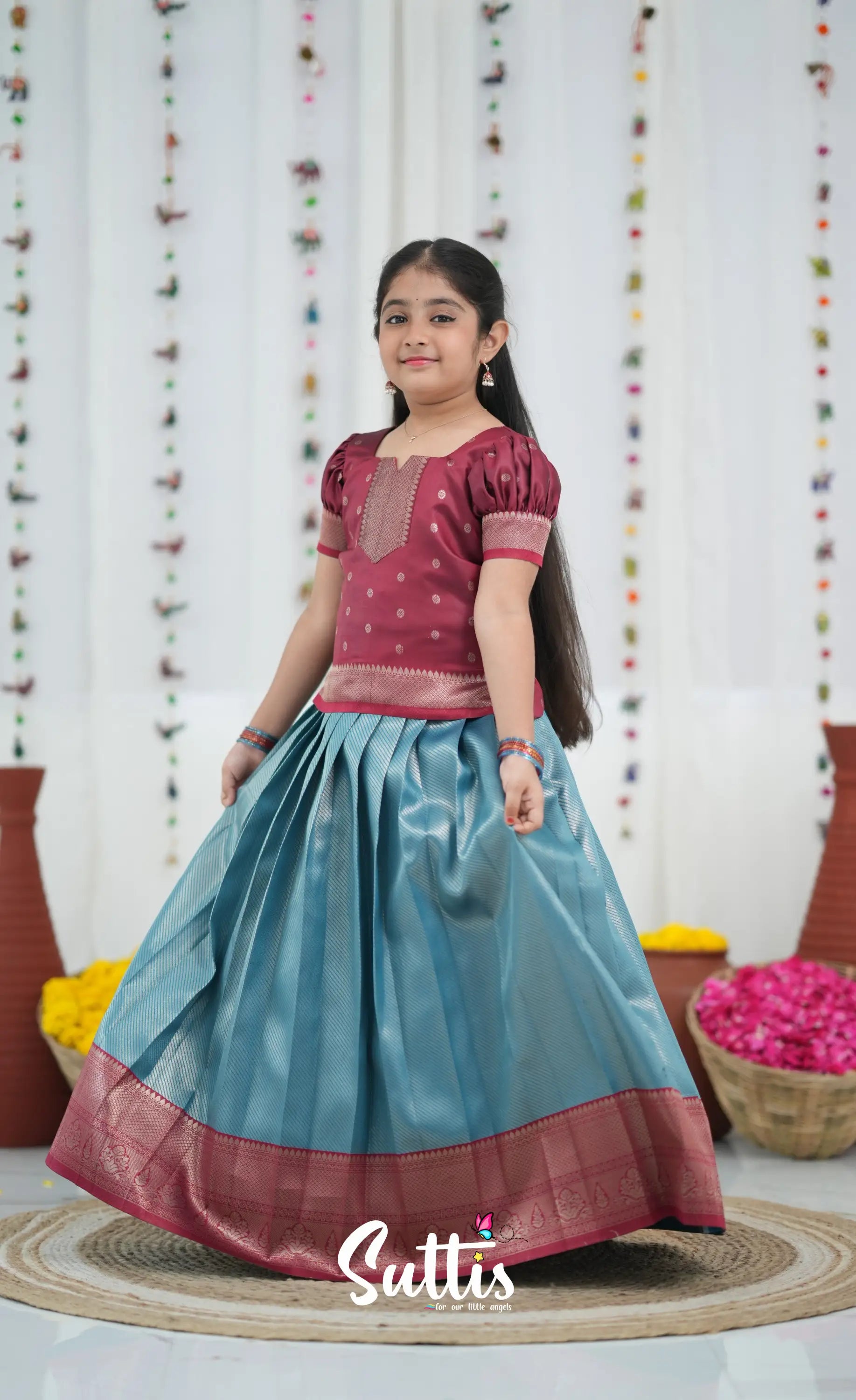 Blended Silk Pavadai Sattai Blue and Red Kids Suttis