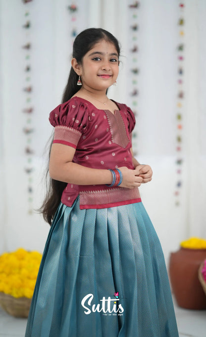 Blended Silk Pavadai Sattai Blue and Red Kids Suttis