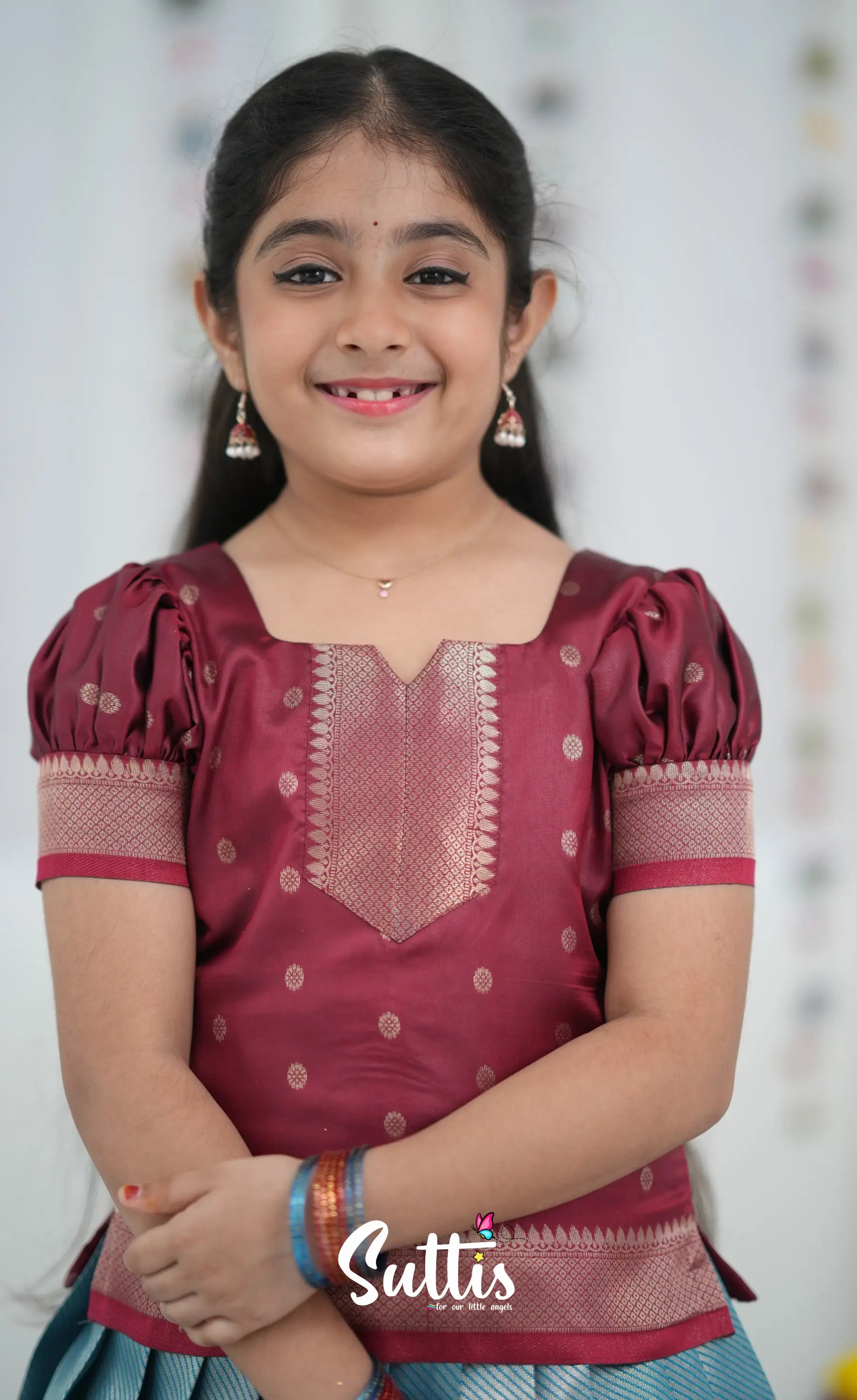 Blended Silk Pavadai Sattai Blue and Red Kids Suttis