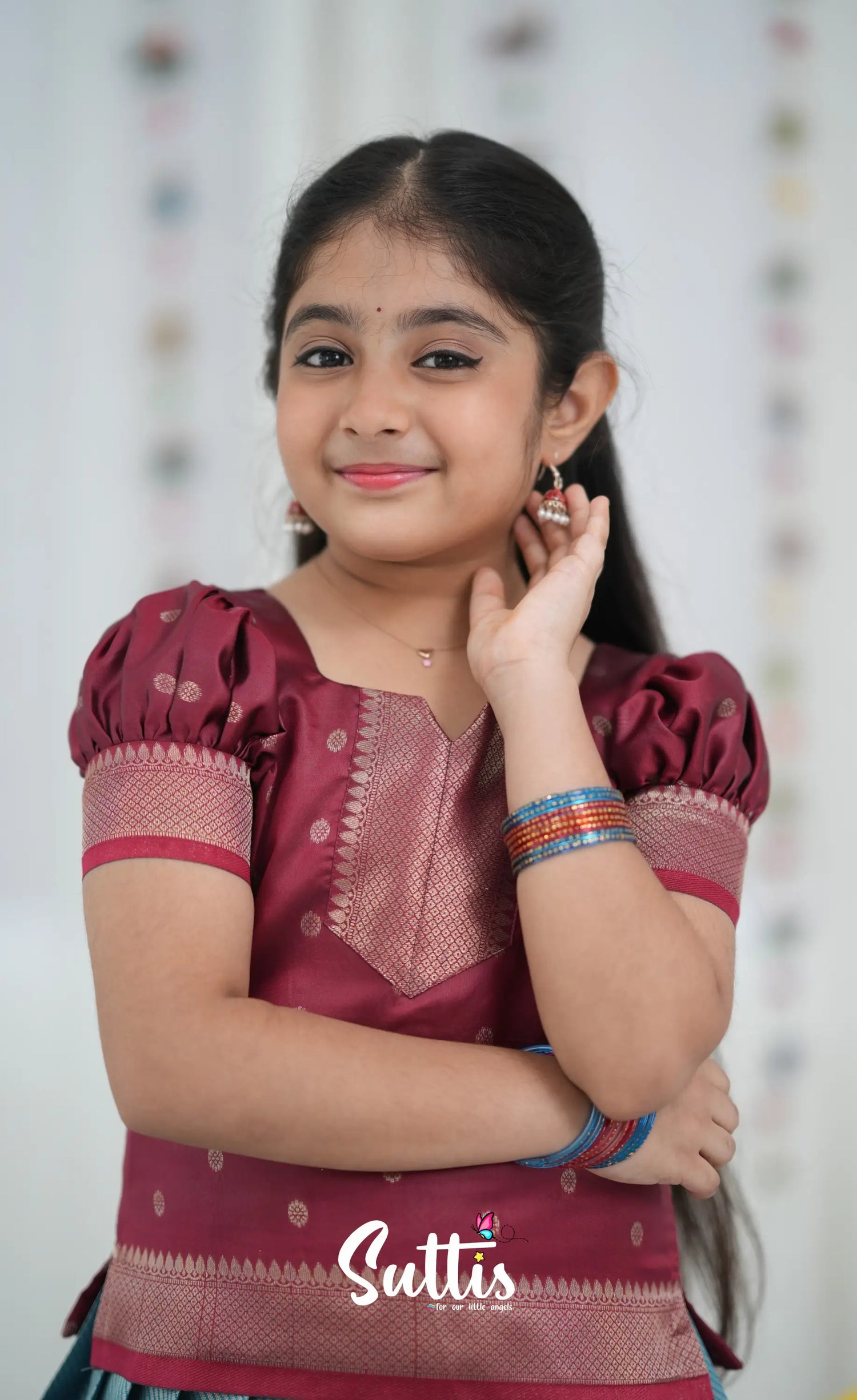 Blended Silk Pavadai Sattai Blue and Red Kids Suttis