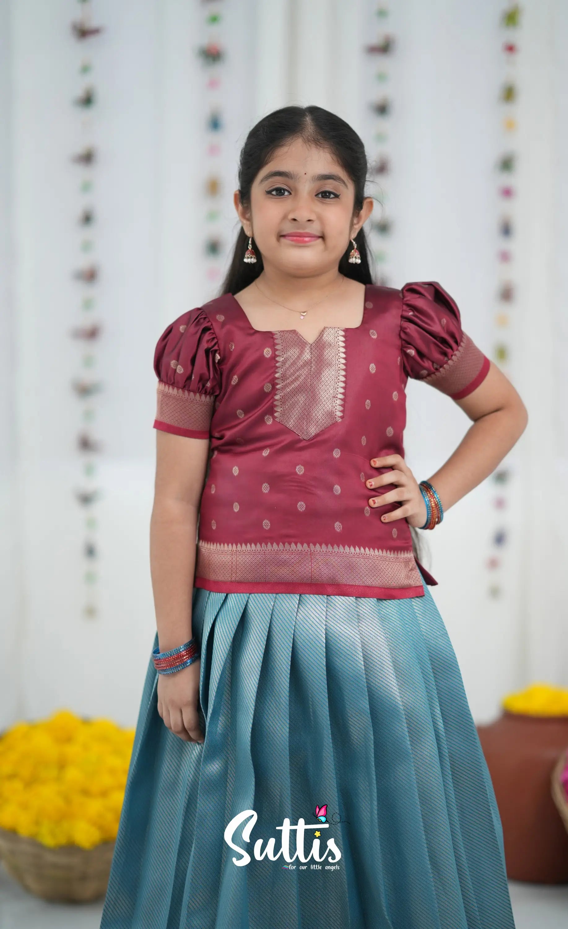 Blended Silk Pavadai Sattai Blue and Red Kids Suttis