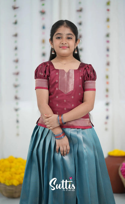 Blended Silk Pavadai Sattai Blue and Red Kids Suttis