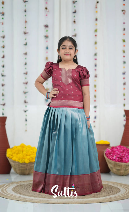 Blended Silk Pavadai Sattai Blue and Red Kids Suttis