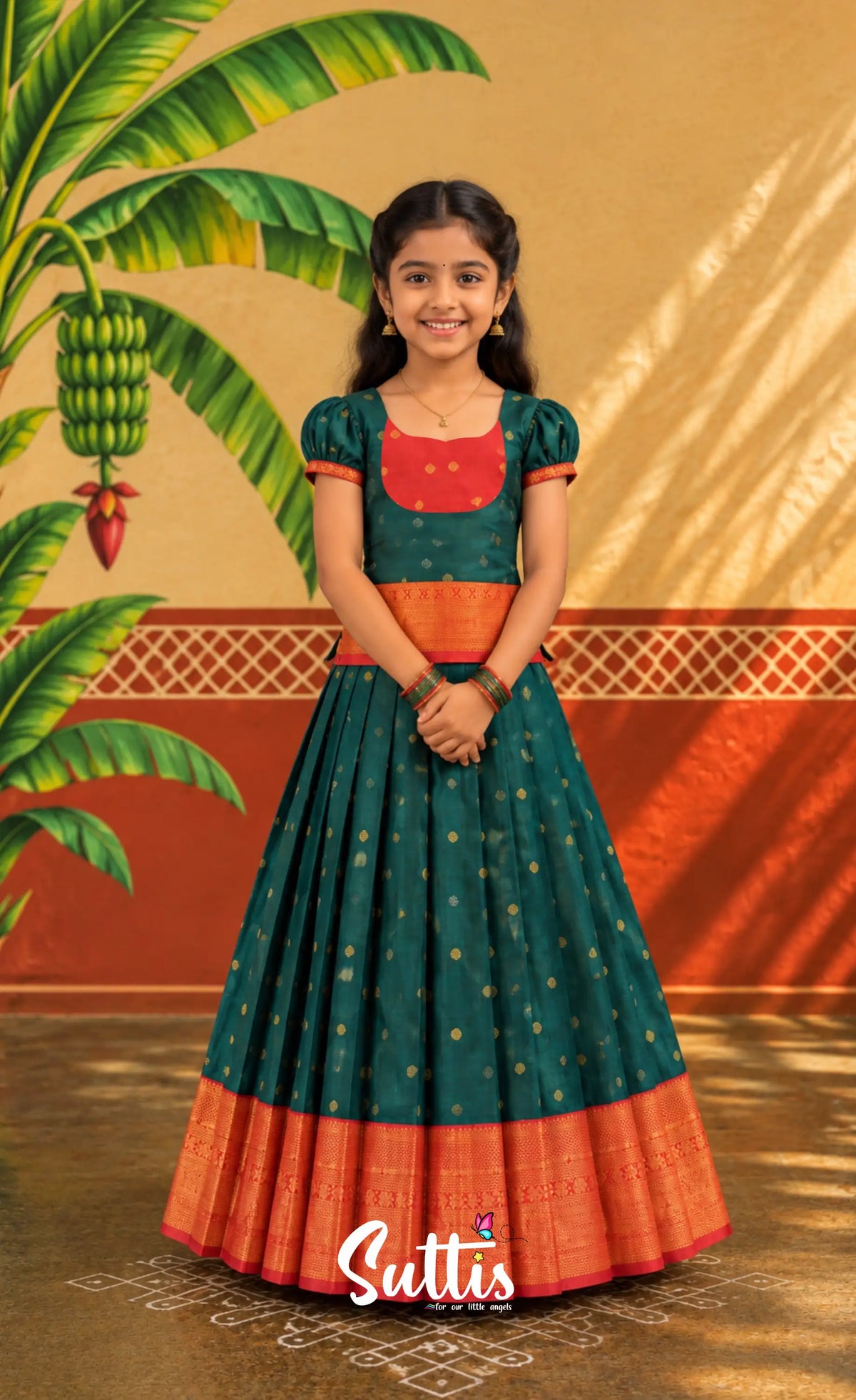 Blended Silk Pavadai Sattai - Bottle Green and Red - Kids-Suttis