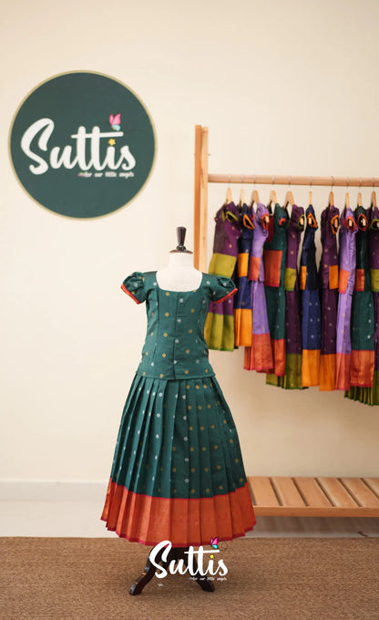 Blended Silk Pavadai Sattai - Bottle Green and Red - Kids-Suttis