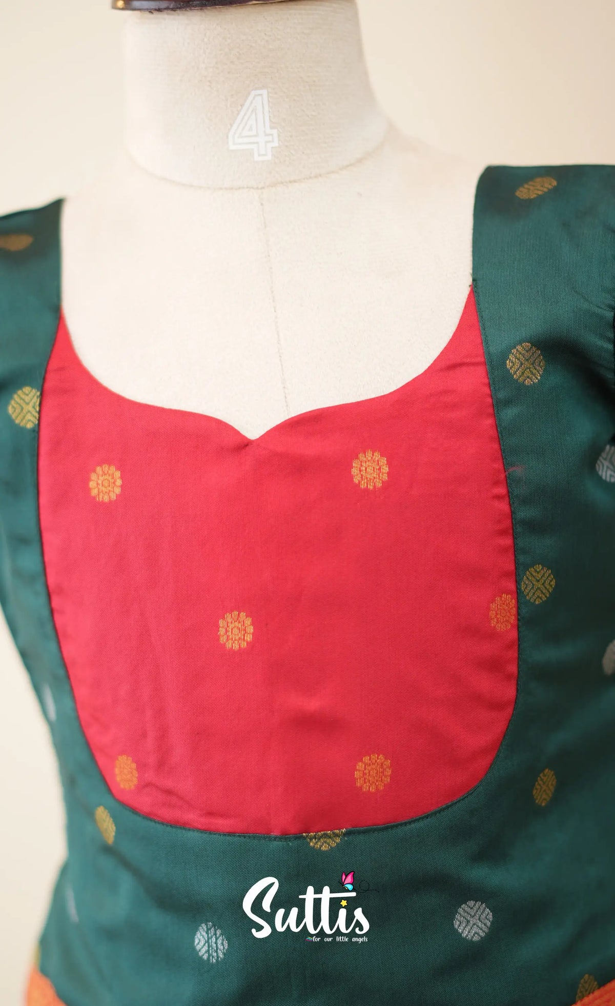 Blended Silk Pavadai Sattai - Bottle Green and Red - Kids-Suttis