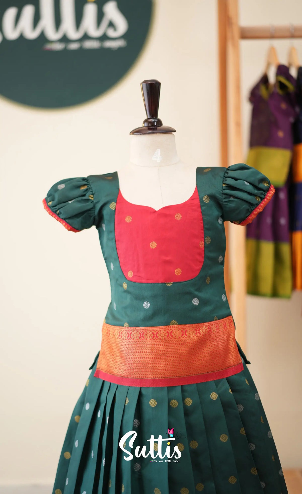 Blended Silk Pavadai Sattai - Bottle Green and Red - Kids-Suttis