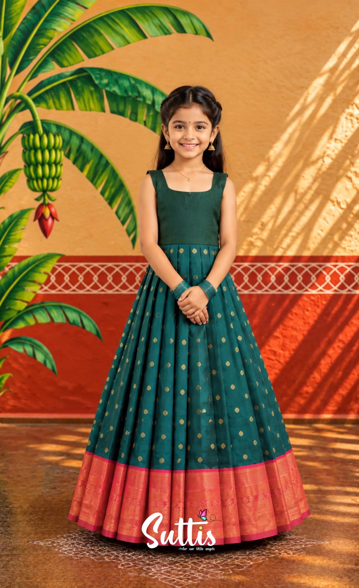 Blended Silk Pavadai Sattai - Bottle Green and Red - Kids-Suttis