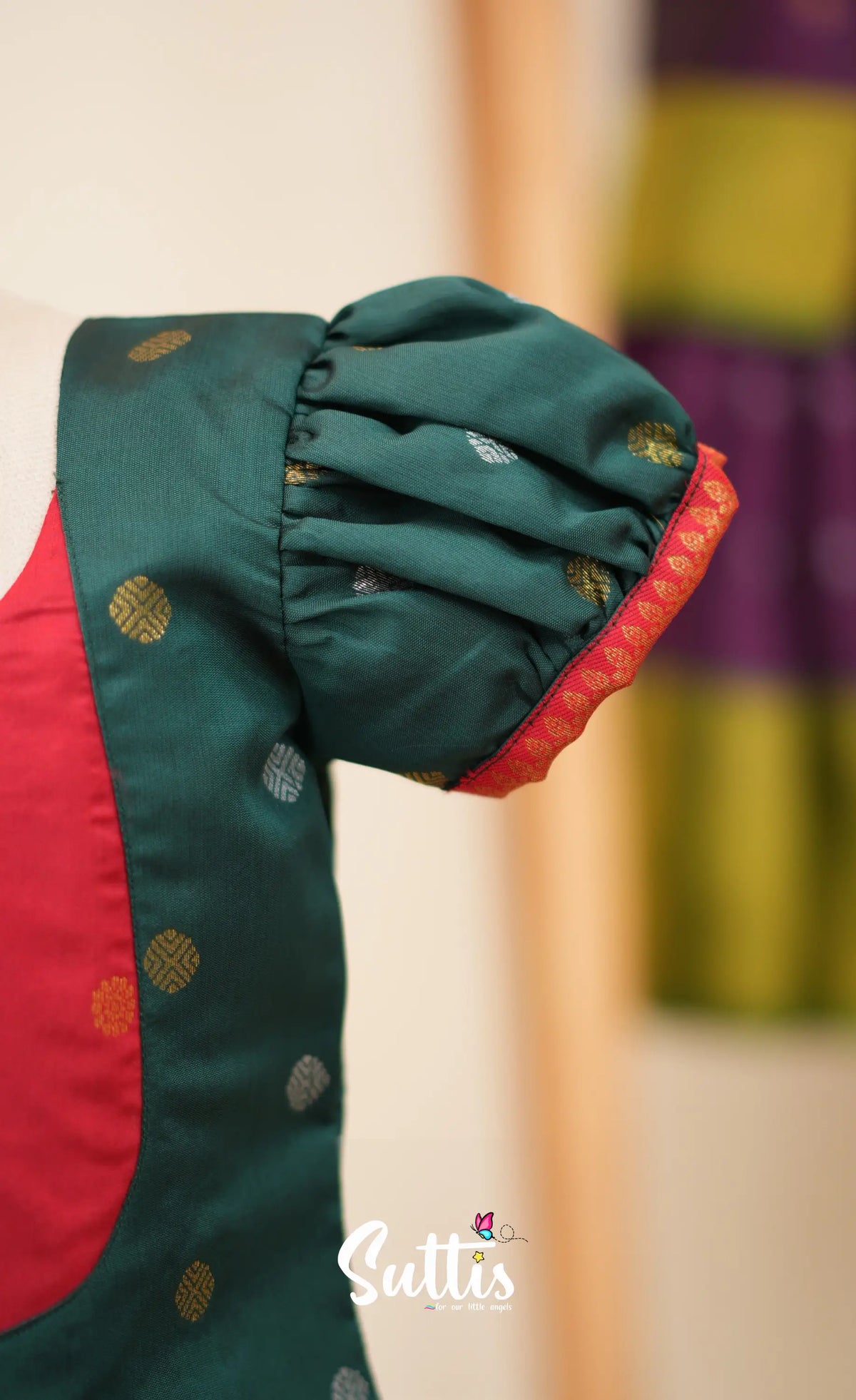 Blended Silk Pavadai Sattai - Bottle Green and Red - Kids-Suttis