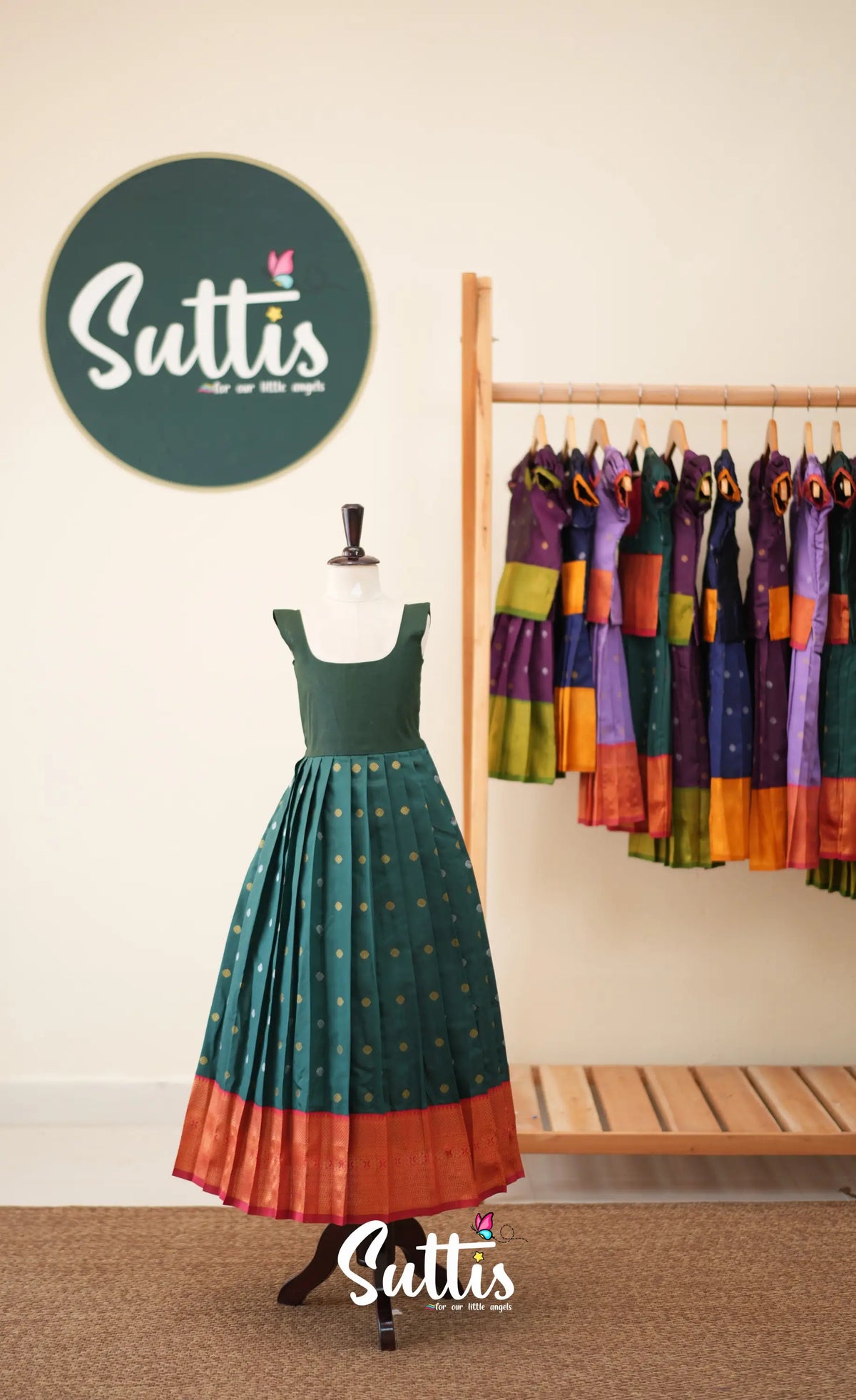 Blended Silk Pavadai Sattai - Bottle Green and Red - Kids-Suttis