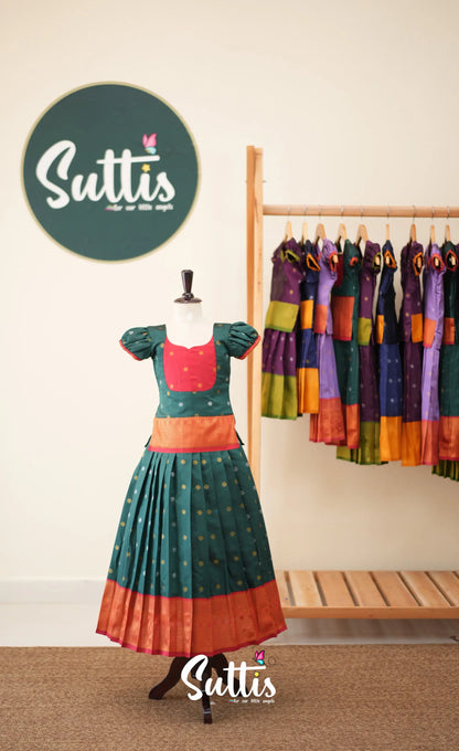 Blended Silk Pavadai Sattai - Bottle Green and Red - Kids-Suttis