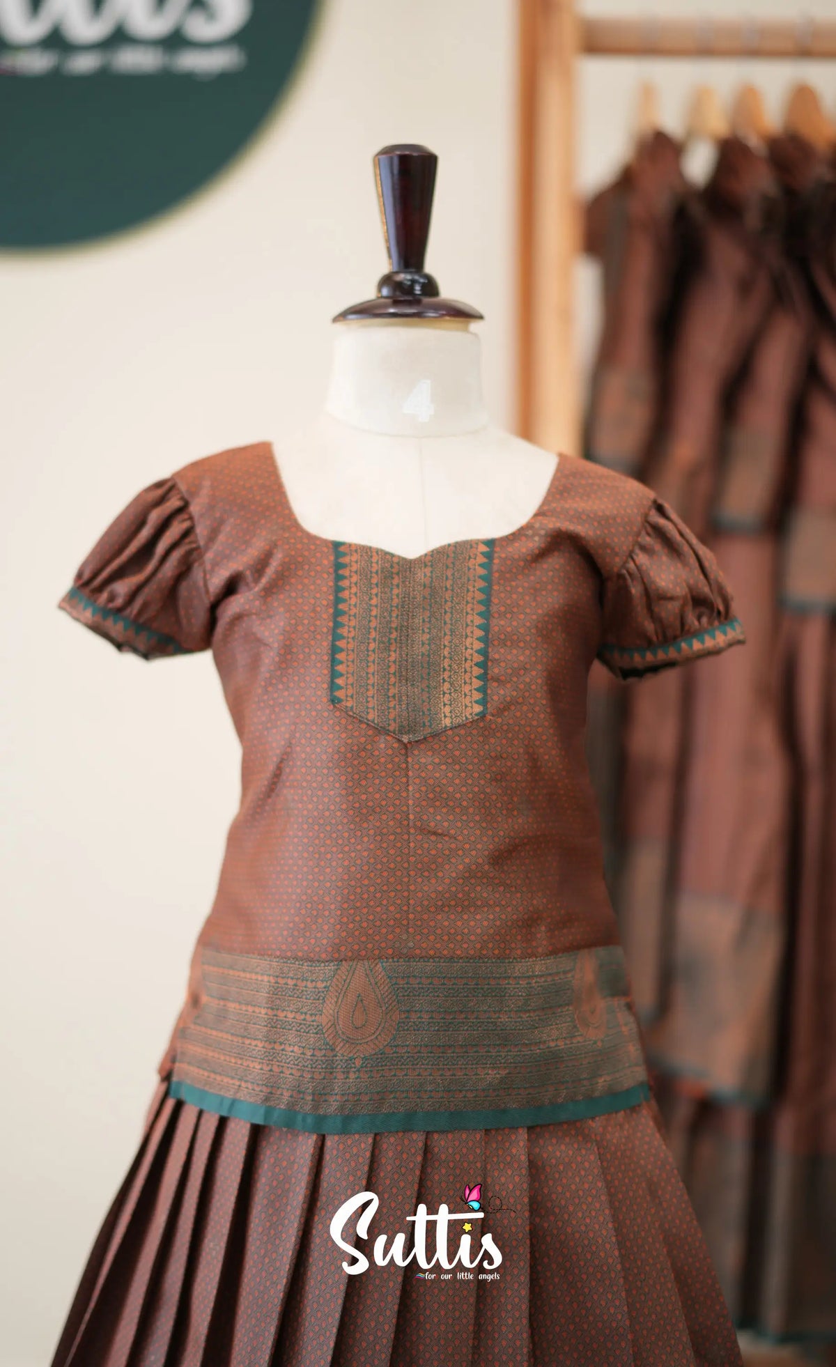 Blended Silk Pavadai Sattai - Brown and Deep Green - Kids-Suttis