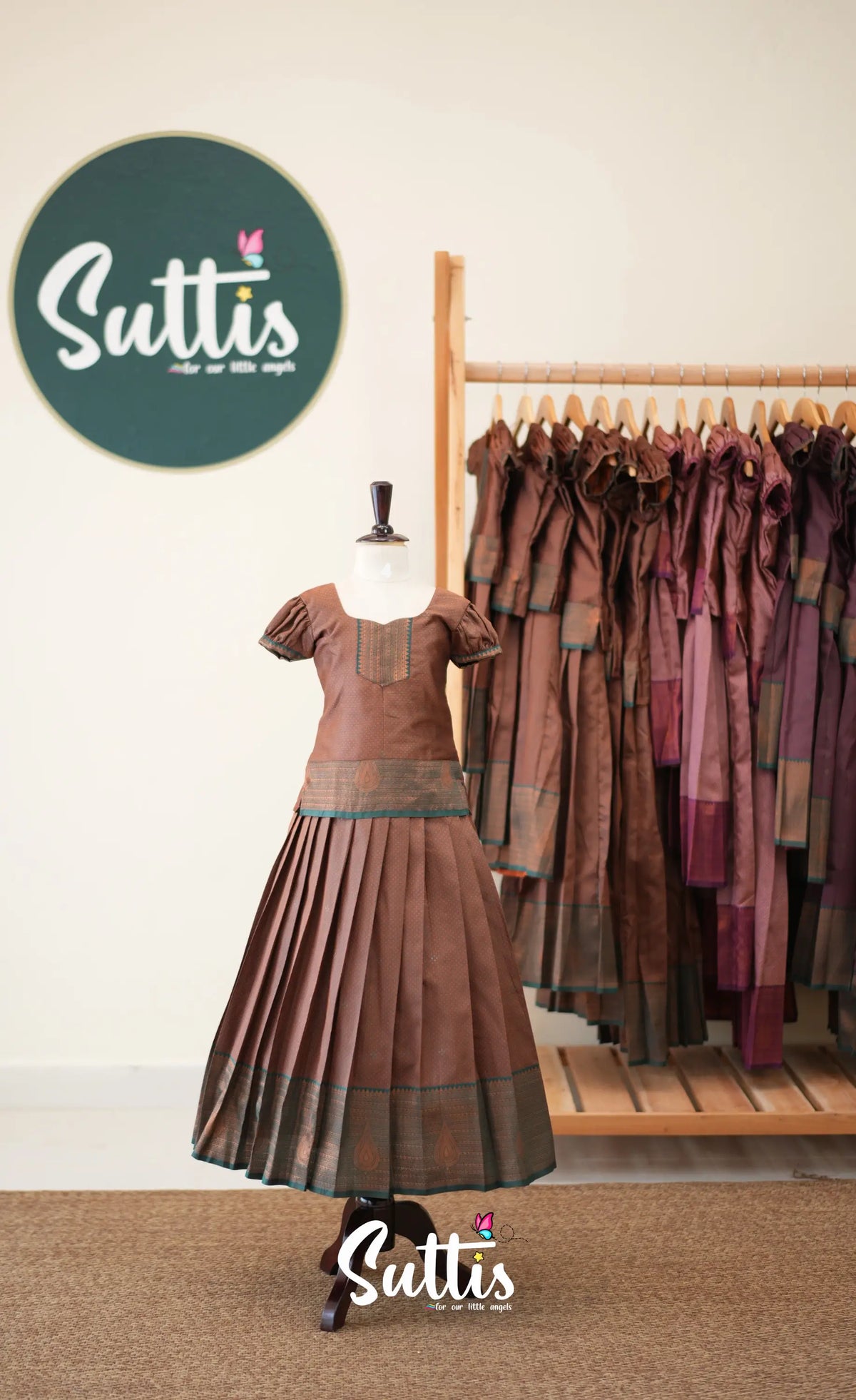 Blended Silk Pavadai Sattai - Brown and Deep Green - Kids-Suttis