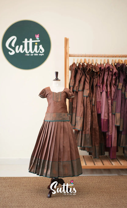 Blended Silk Pavadai Sattai - Brown and Deep Green - Kids-Suttis