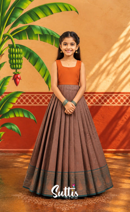 Blended Silk Pavadai Sattai - Brown and Deep Green - Kids-Suttis