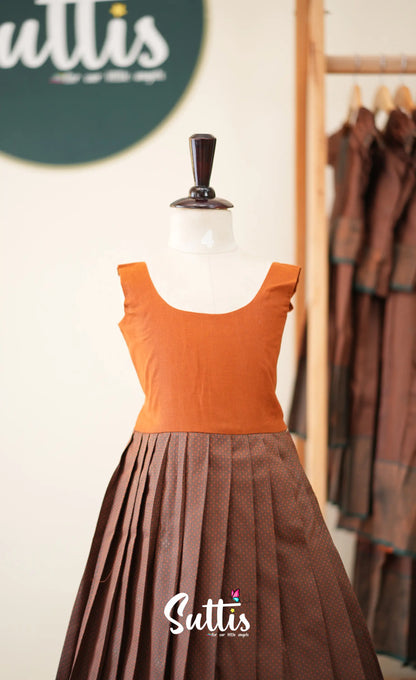 Blended Silk Pavadai Sattai - Brown and Deep Green - Kids-Suttis