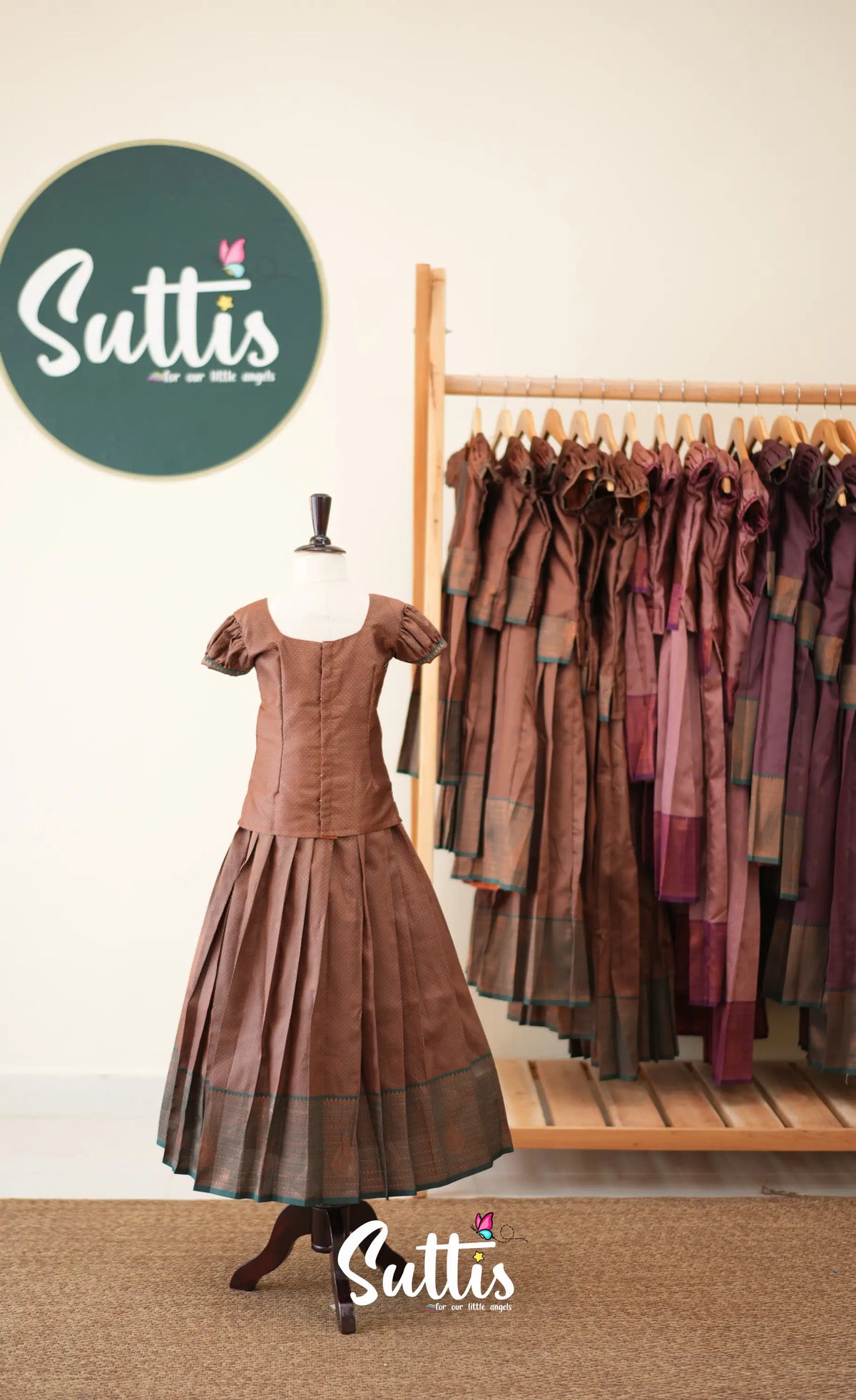 Blended Silk Pavadai Sattai - Brown and Deep Green - Kids-Suttis