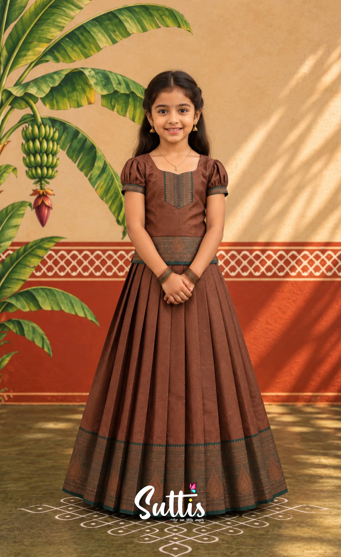 Blended Silk Pavadai Sattai - Brown and Deep Green - Kids-Suttis