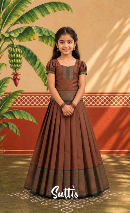 Blended Silk Pavadai Sattai - Brown and Deep Green - Kids-Suttis