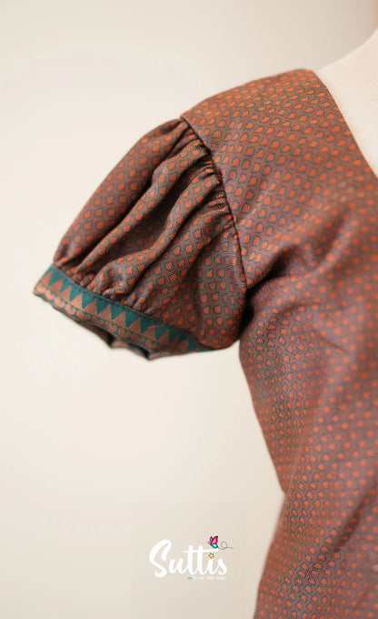 Blended Silk Pavadai Sattai - Brown and Deep Green - Kids-Suttis