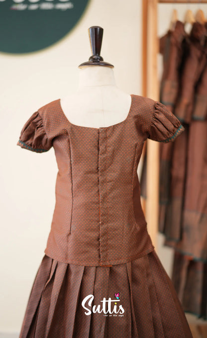 Blended Silk Pavadai Sattai - Brown and Deep Green - Kids-Suttis